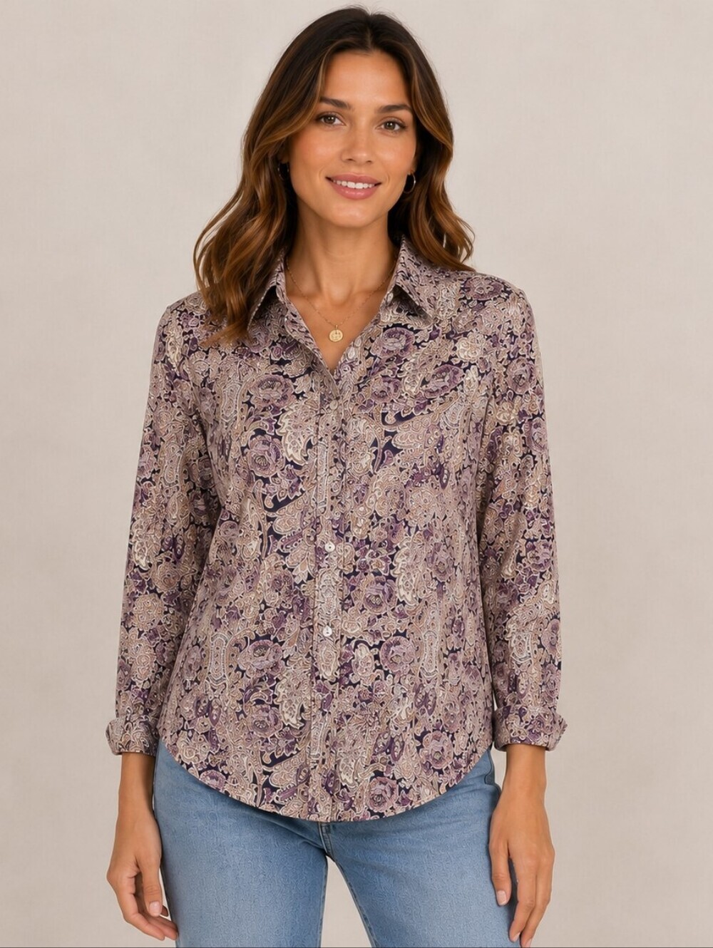 Chaps Paisley Button Down Shirt Women’s 1X No Iron Long Sleeve Purple Tan - Picture 1 of 3